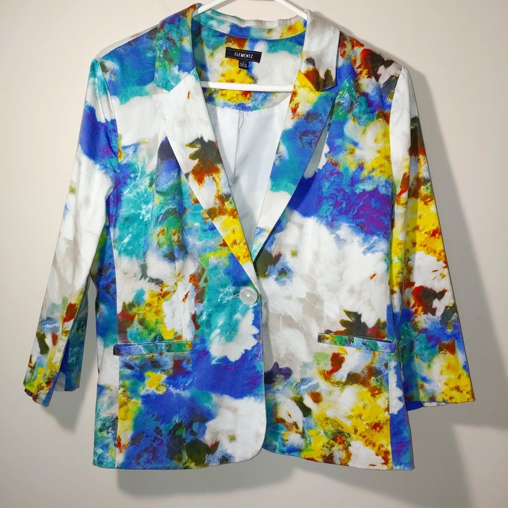 Elementz Blazer Size L White with Blue Yellow brush strokes